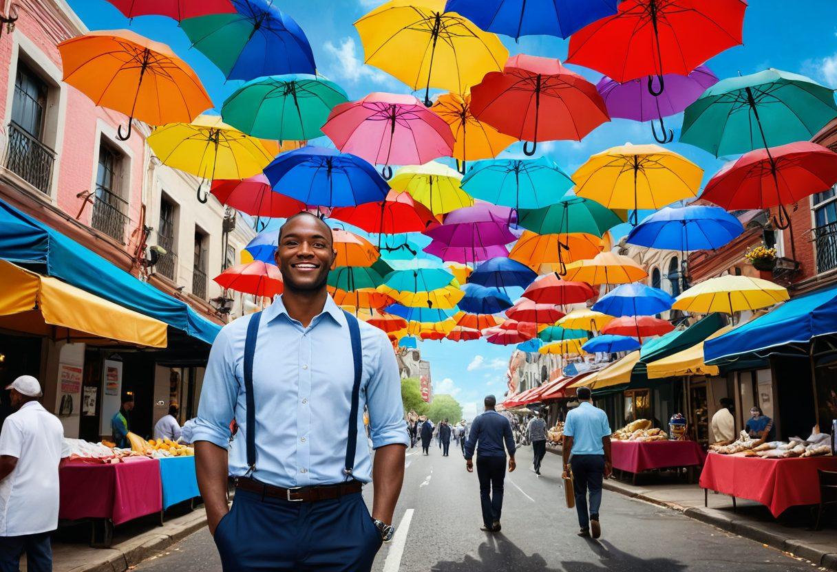A confident individual standing at a crossroad surrounded by various insurance-related symbols such as umbrellas, shields, and contracts, with a vibrant marketplace in the background bustling with people discussing their options. The sky is bright and sunny, symbolizing clarity and guidance in decision-making. Super-realistic. Vibrant colors. Light blue background.