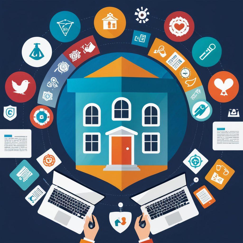 A visually captivating collage depicting various insurance symbols like a shield, house, car, and medical cross, surrounded by key terms such as 'affordable', 'coverage', and 'smart choices'. In the background, a person analyzing documents with a thoughtful expression and a laptop open, representing research and decision-making. The scene conveys a sense of empowerment and knowledge in securing the right policies. vibrant colors. modern flat design.