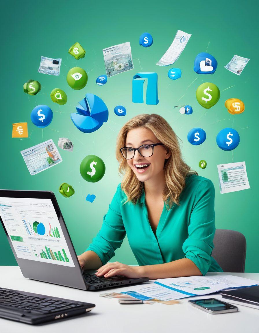 An eye-catching collage showcasing a person joyfully analyzing insurance quotes on a laptop, surrounded by colorful graphs and financial icons like dollar signs and percentage symbols. Include visual elements of saving, such as piggy banks and calculators, amidst bright hues of blue and green. The setting should be bright and inviting, reflecting a positive atmosphere of financial savvy. super-realistic. vibrant colors. white background.